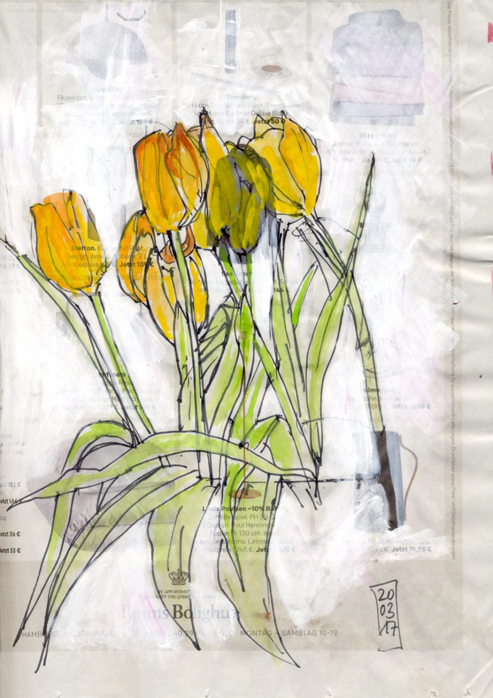 gelbe Tulpen auf Zeitungspapier