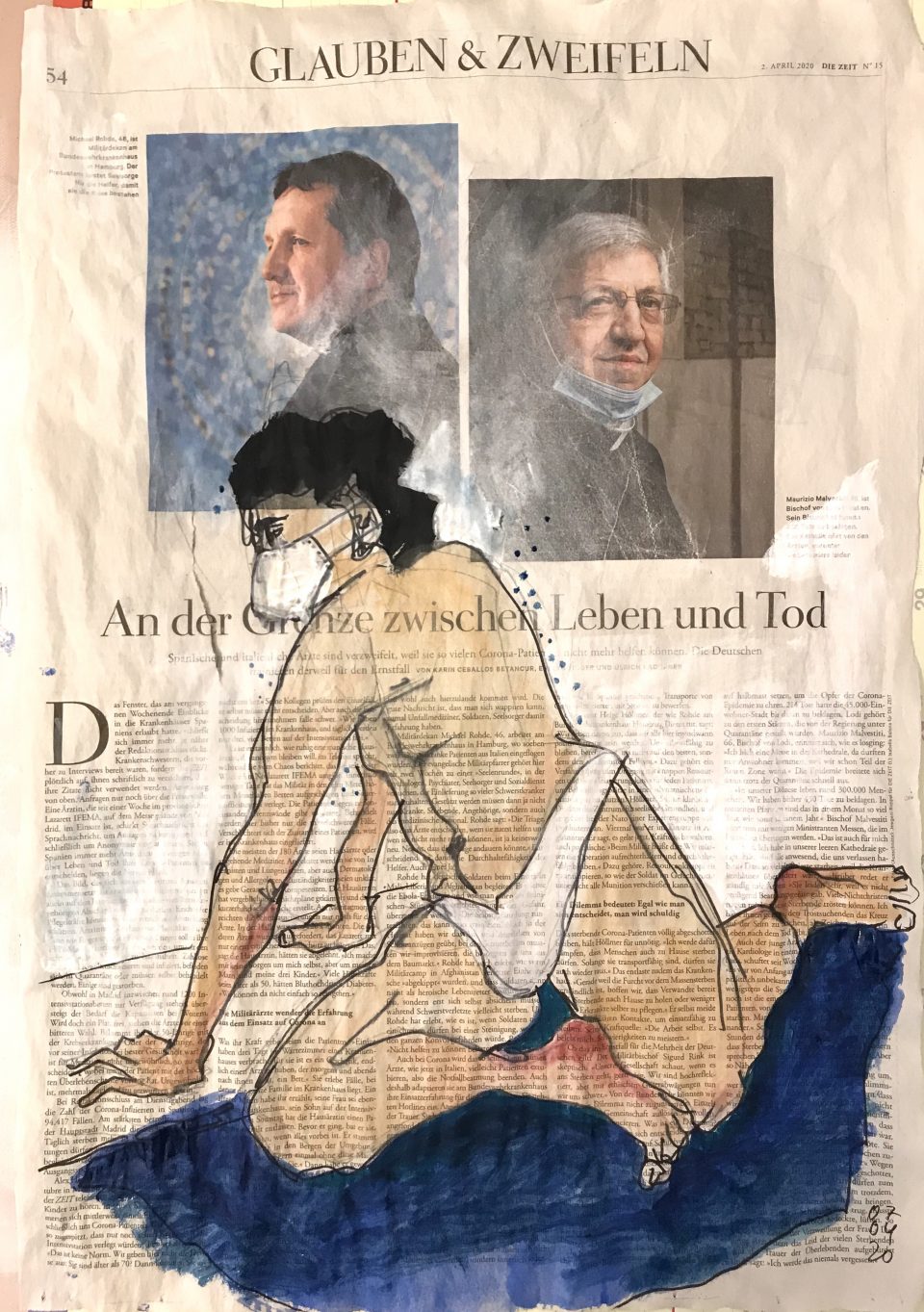 Glauben & Zweifeln – Figürliche Zeichnung auf ganzer Zeitungsseite.