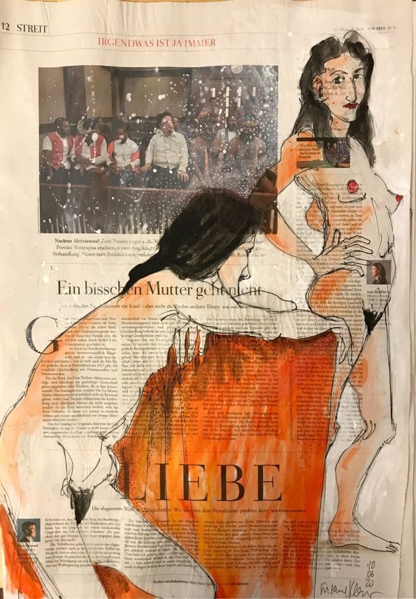 Liebe – Figürliche Illustration auf ganzer Zeitungsseite, Artikelrubrik "Liebe" und Artikel über Mutterschaft.