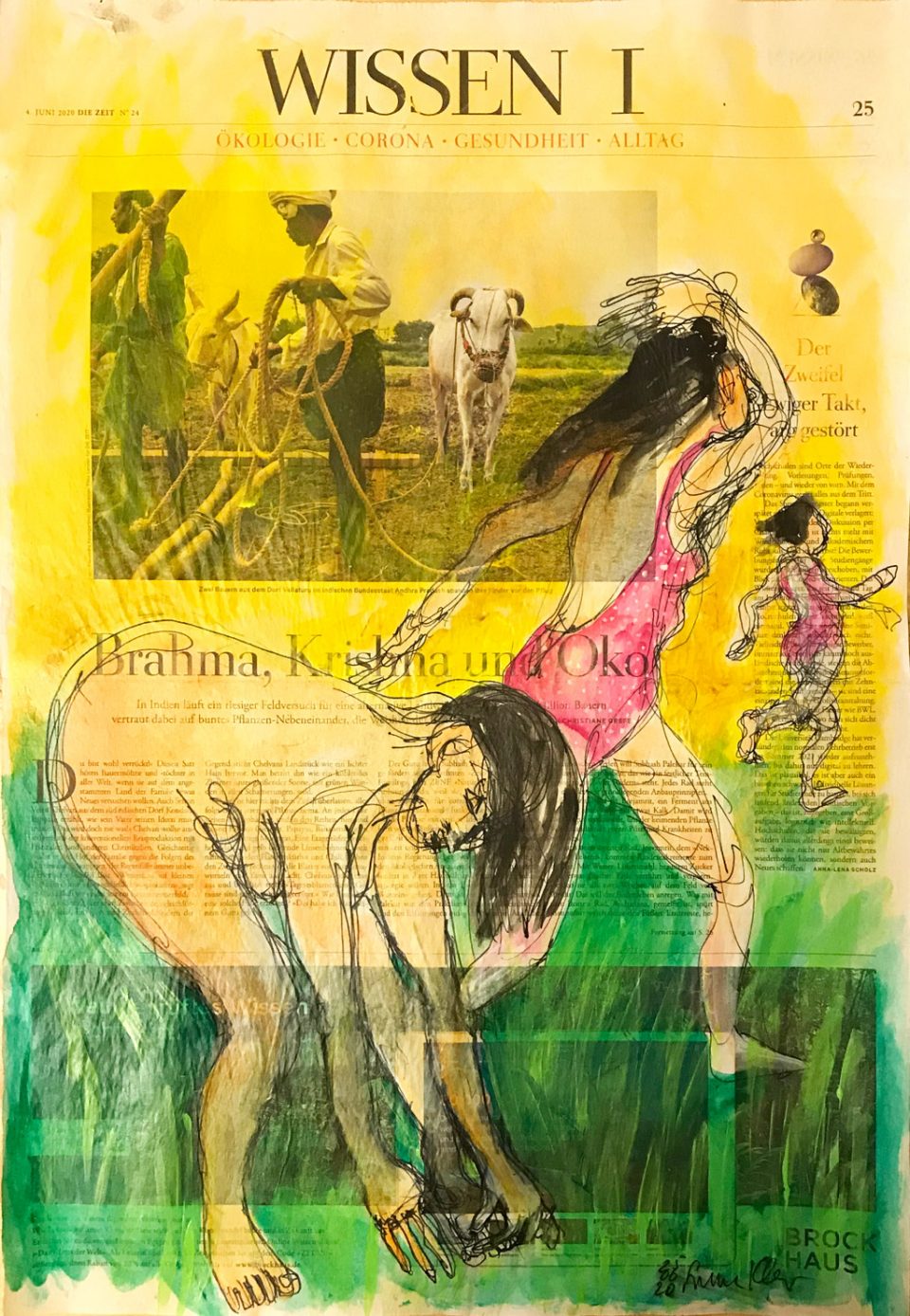 Brahma Krishna Öko – Figürliche Illustration auf ganzer Zeitungsseite.