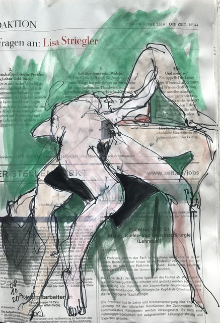 Figürliche Zeichnung, Doppelakt auf Zeitung, 20 x 28 cm