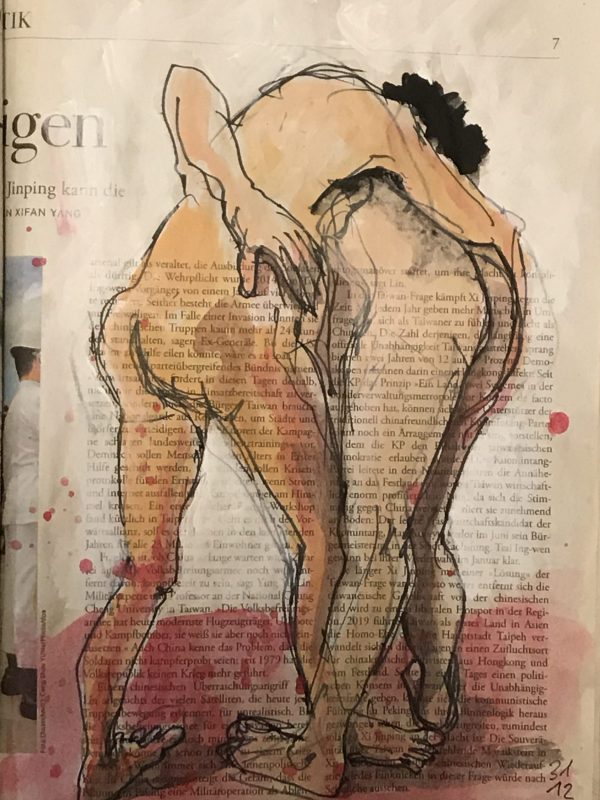 Doppelakt, Mann Frau, ringend, Tusche und Aquarell auf Zeitung, 20 x 28 cm