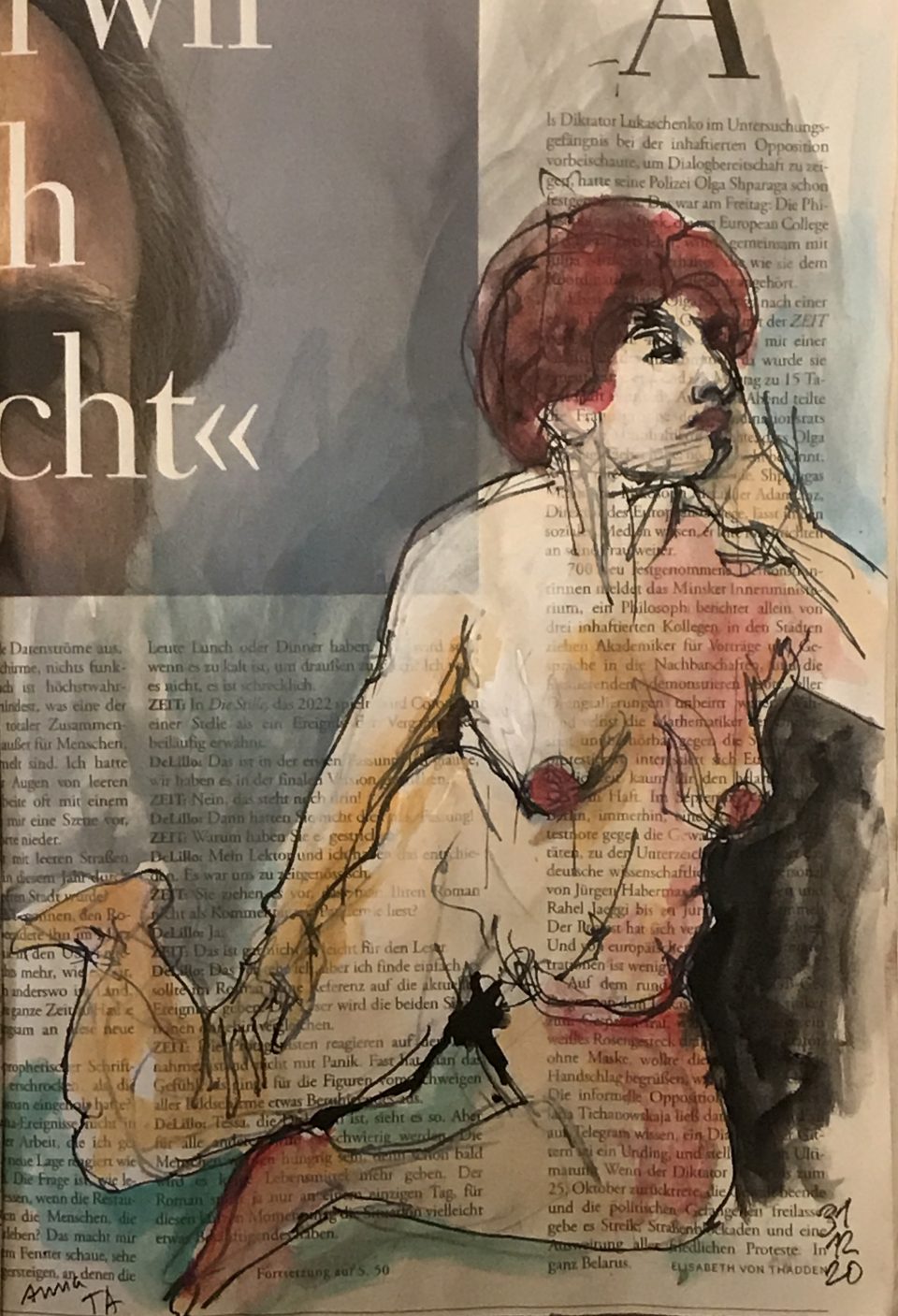 Weiblicher Akt zur Seite gelehnt, Tusche und Aquarell auf Zeitung, 20 x 28 cm