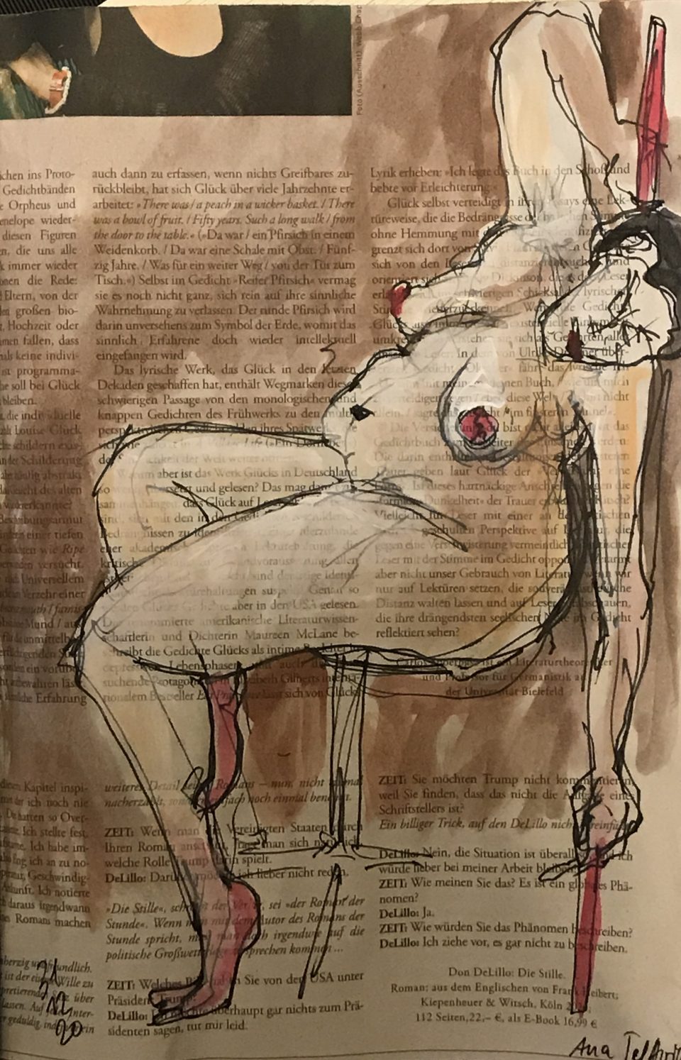 Weiblicher Akt auf Stuhl, gegen Wand gelehnt, Tusche und Aquarell auf Zeitung, 20 x 28 cm