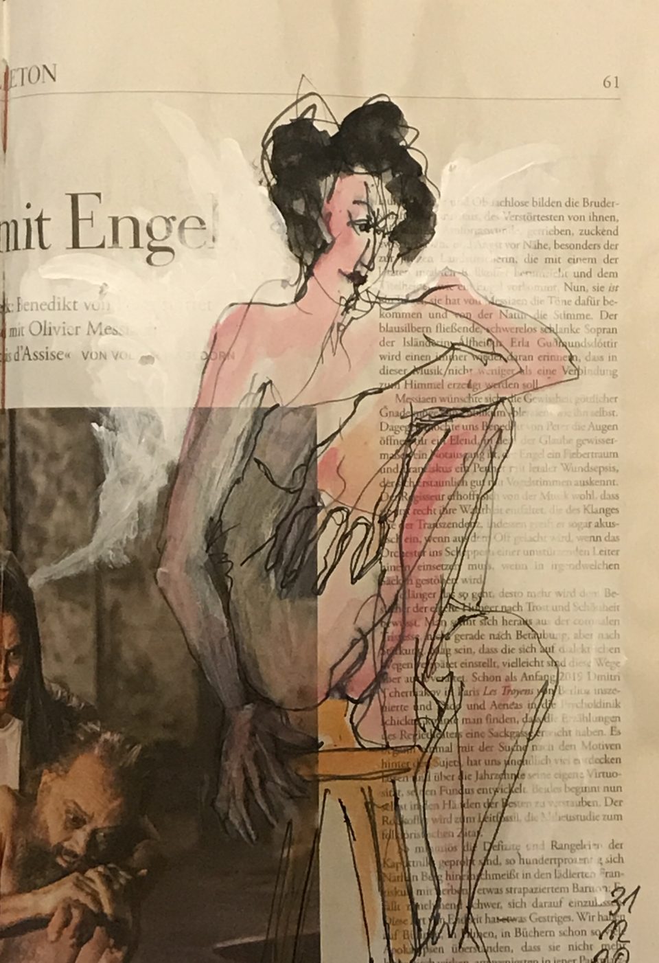 Weiblicher Akt auf Stuhl, Tusche und Aquarell auf Zeitung, 20 x 28 cm