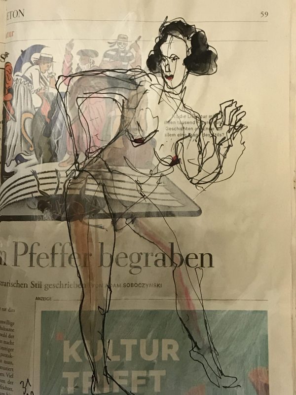 Weiblicher Akt, stehend, Tusche und Aquarell auf Zeitung, 20 x 28 cm