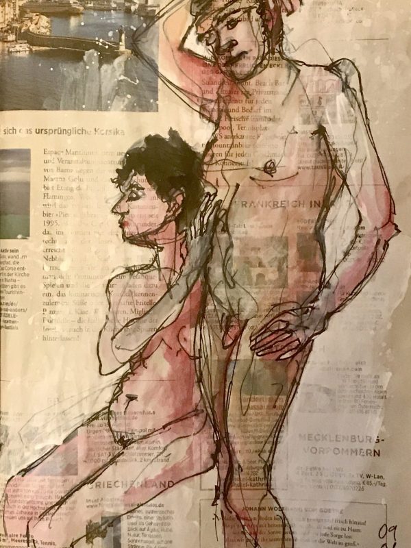 Doppelakt, Mann und Frau, Tusche und Aquarell auf Zeitung, 20 x 28 cm