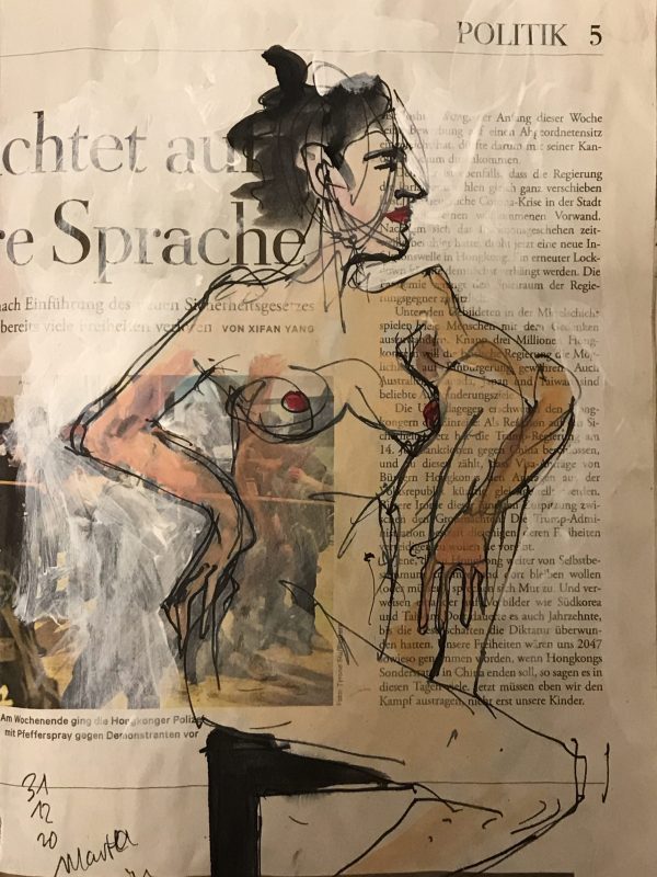 Weiblicher Akt, sitzend, Tusche und Aquarell auf Zeitung, 20 x 28 cm