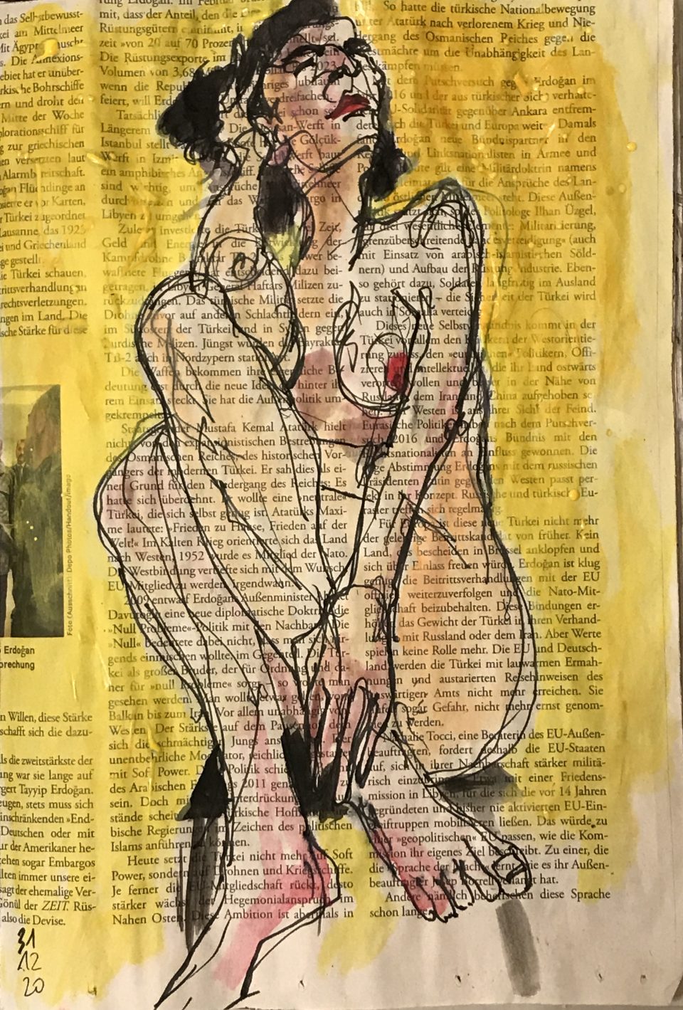 Weiblicher Akt, sitzend auf gelben Grund, Tusche und Aquarell auf Zeitung, 20 x 28 cm