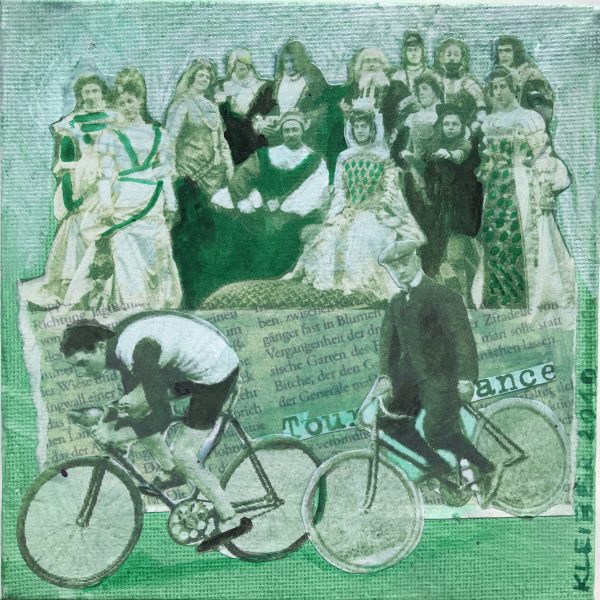 Oldie Fahrrad Tour de France, grün, Collage, Acryl auf Leinwand 15 x 15 cm, 45 €