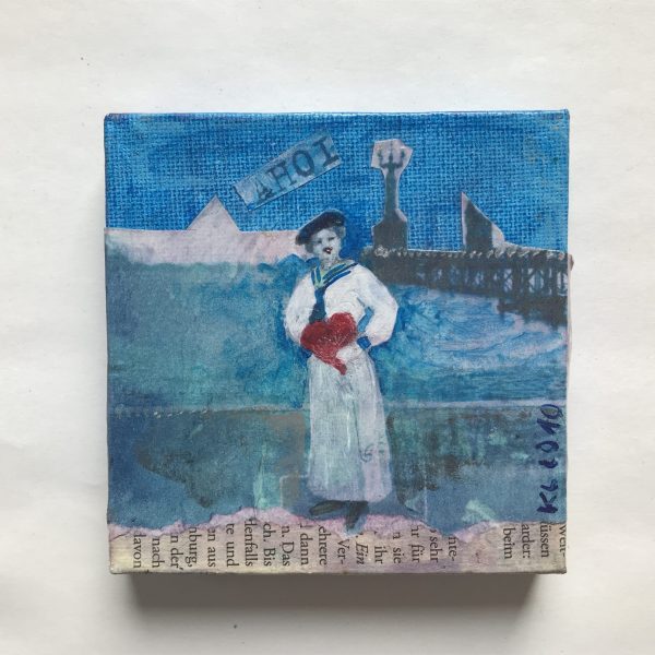 Oldie Ahoi am Bodensee, blau, Collage, Acryl auf Leinwand 10 x 10cm, 30 €