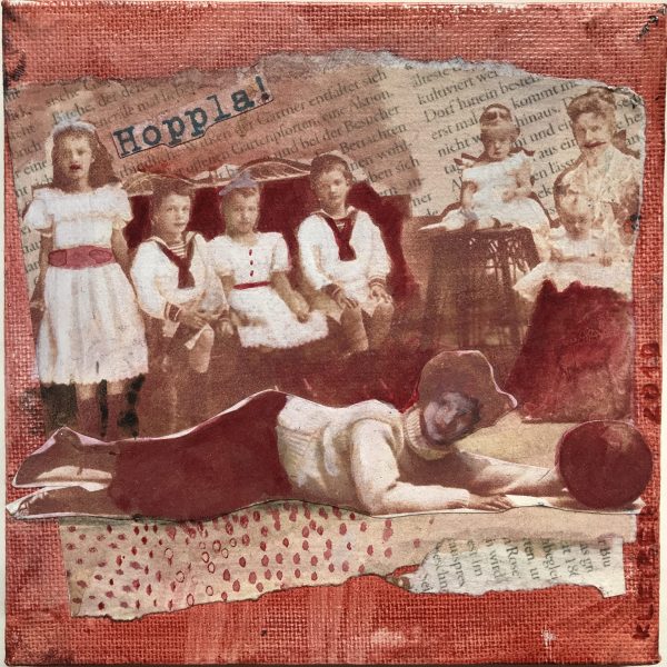 Oldie Hoppla Ball, rot, Collage, Acryl auf Leinwand 15 x 15 cm, 45 €