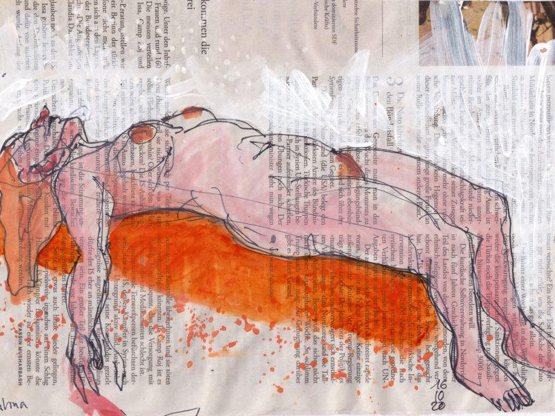 Bündnisfall – Weiblicher Akt auf Zeitung, 28 x 20 cm