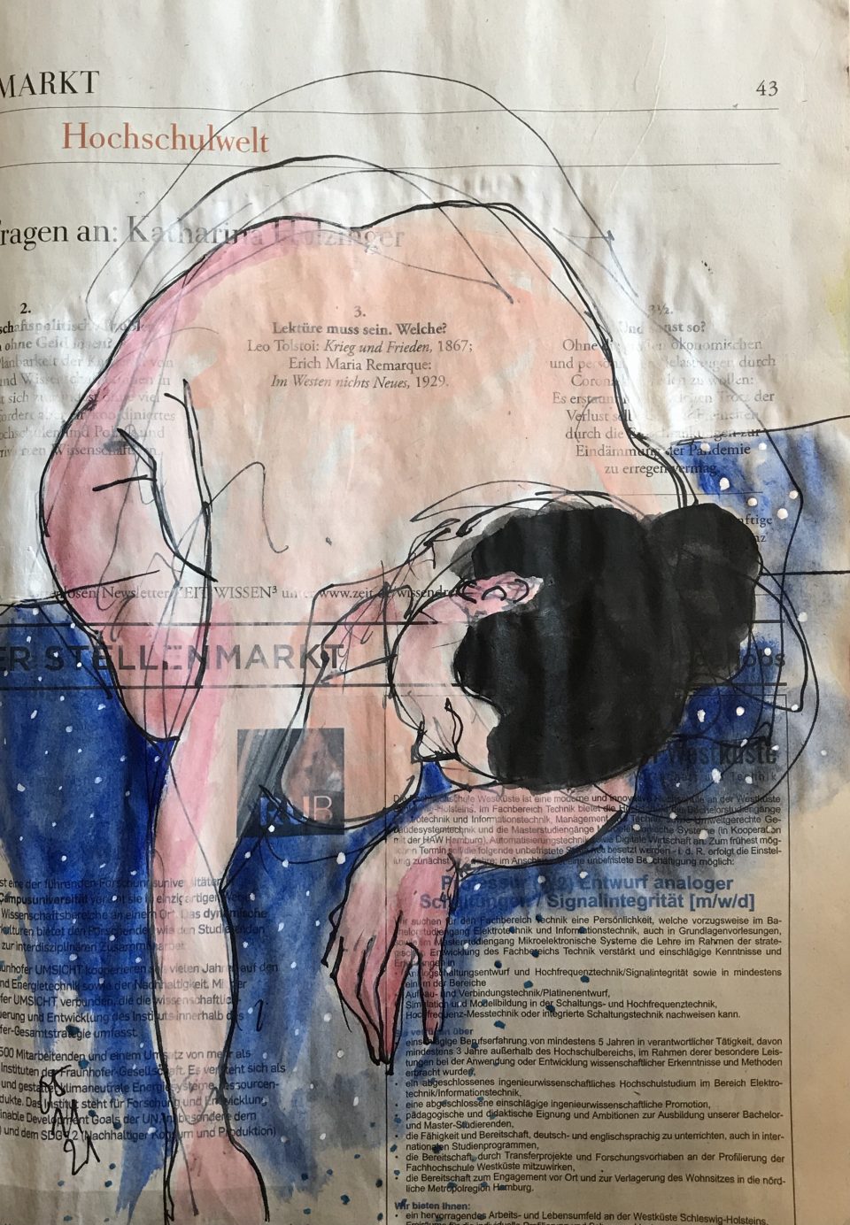 Lektüre muss sein – (November) Weiblicher Akt auf Zeitung, 28 x 20 cm