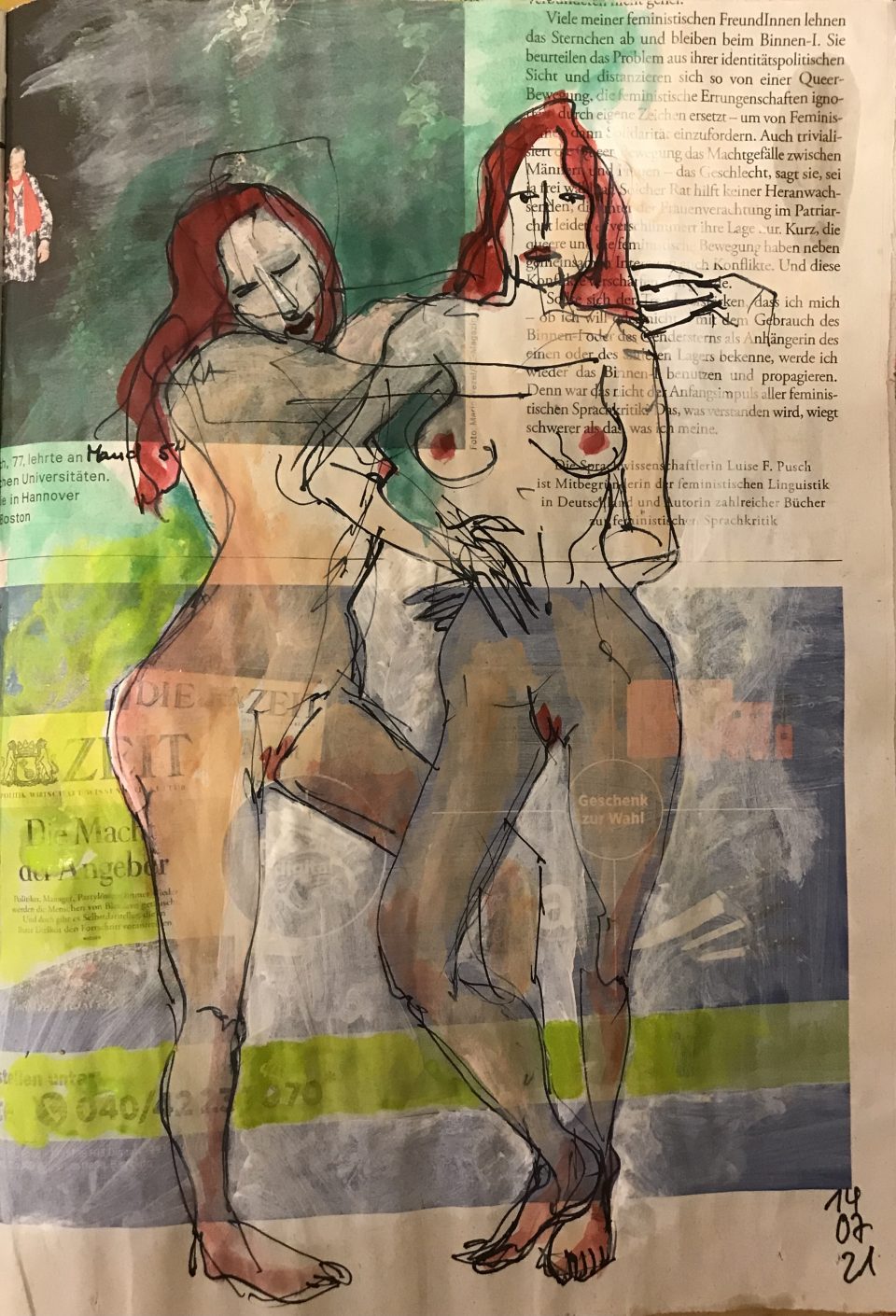 Die Macht der Angeber – (Juli) zweimal weiblicher Akt auf Zeitung, 28 x 20 cm