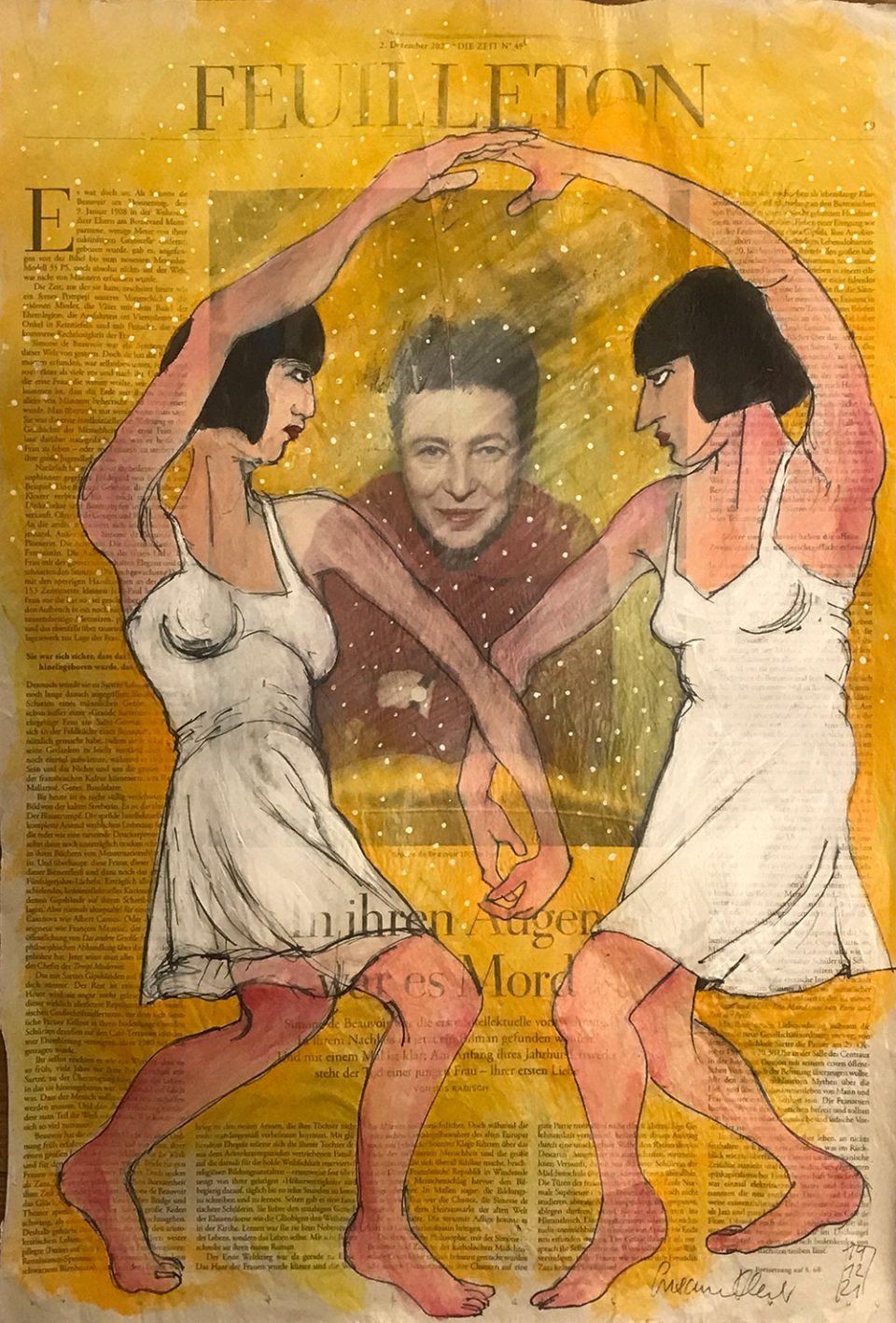 Beauvoir – Illustration auf ganzer Zeitungsseite 56 x 40 cm