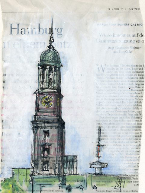 Hamburger Michel, kolorierte Skizze auf Zeitungspapier