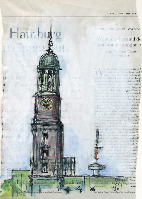 Hamburger Michel, kolorierte Skizze auf Zeitungspapier