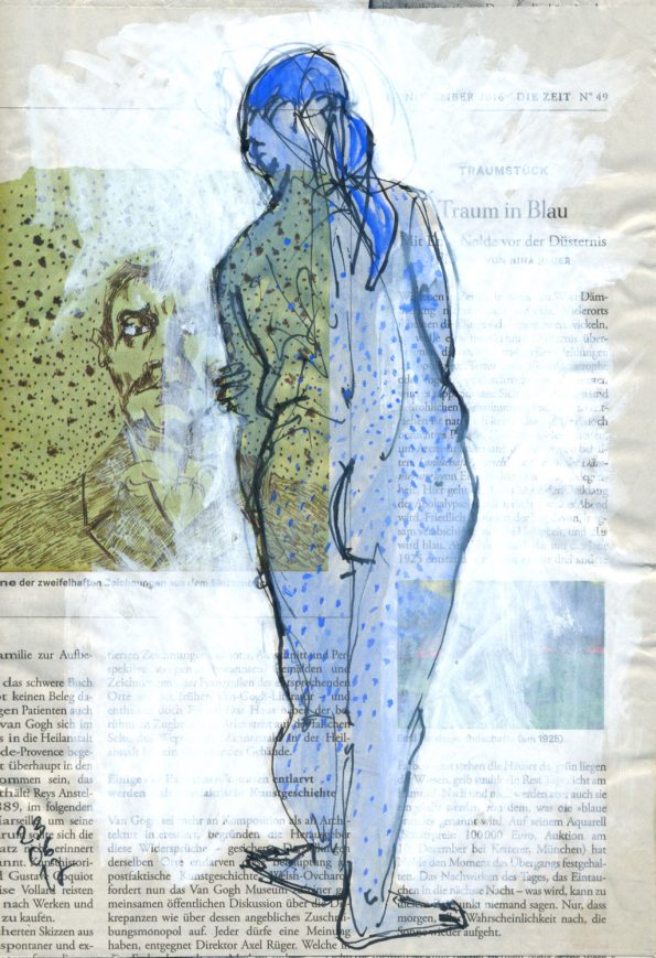 Traum in Blau – Stehender weiblicher Akt auf Zeitungspapier #KunstKaufenInHamburg