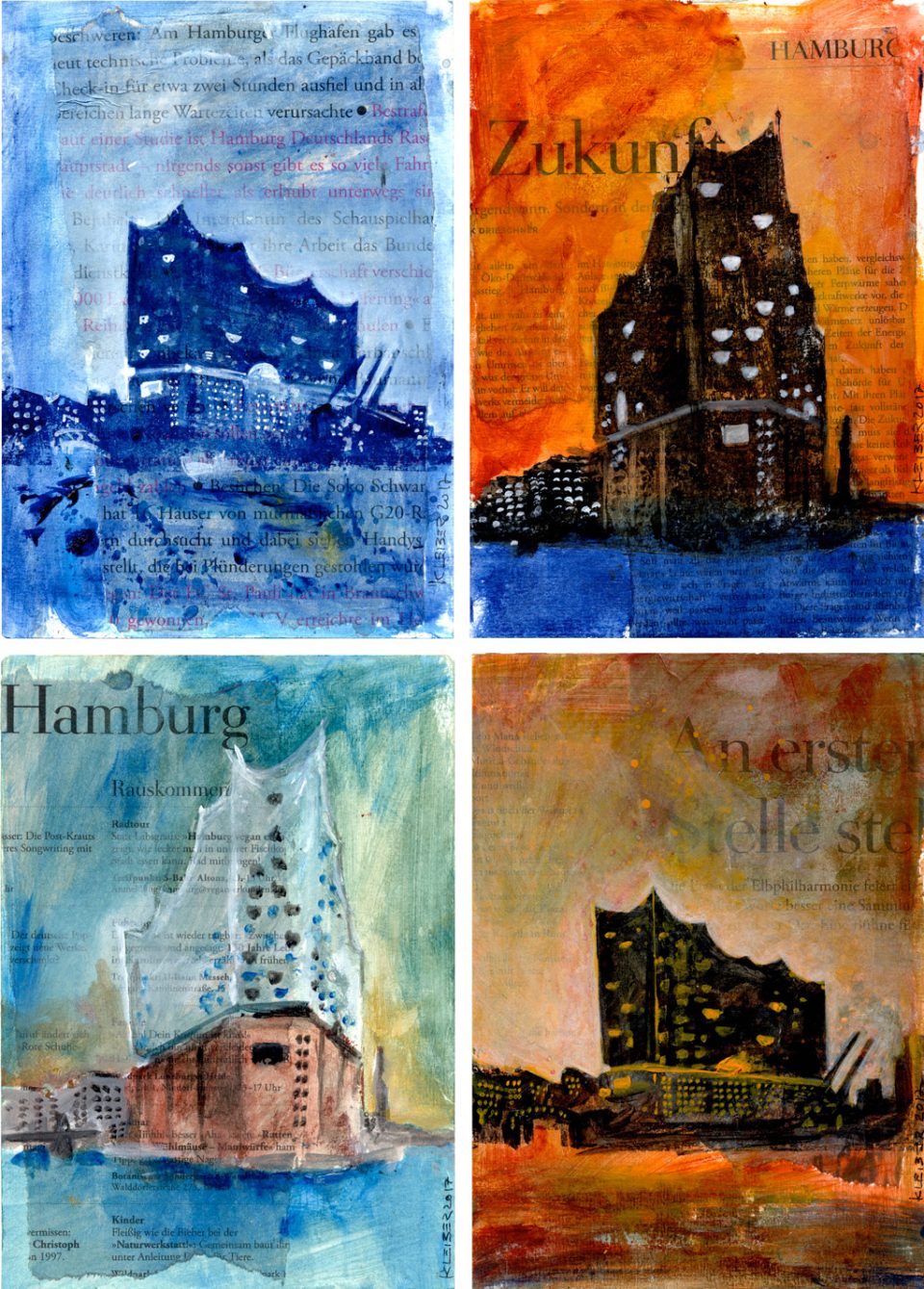 4 x Elbphilharmonie, Acryl, Collage auf Papier, Format 15 x 21 cm