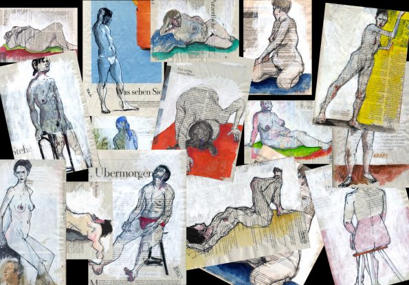 Figürliche Skizzen auf Zeitungspapier der ZEIT