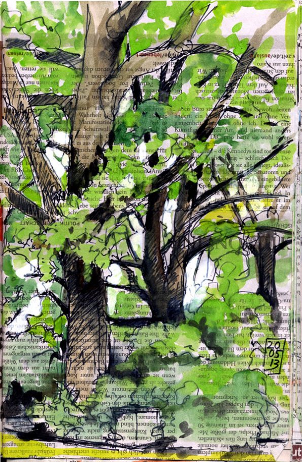 Bäume im Lindenpark Hamburg, Skizze auf Zeitungspapier