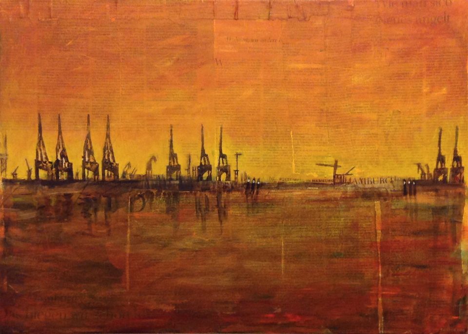 Hafengiraffen im Sonnenuntergang, Hamburger Hafen, Acryl auf Leinwand, 50 x 70 cm