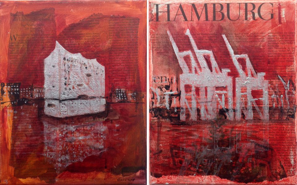 Elbphilharmonie, Hafengiraffen, Acryl, Collage auf Leinwand 