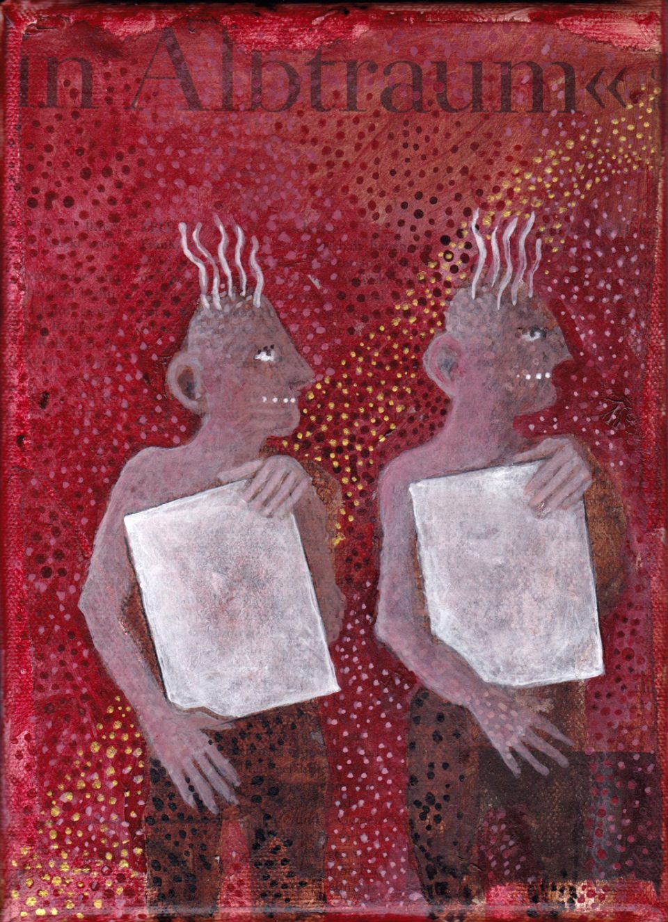 Zwei Figuren mit weißen Schildern in der Hand auf rotem Grund, Collage, Acryl auf Leinwand