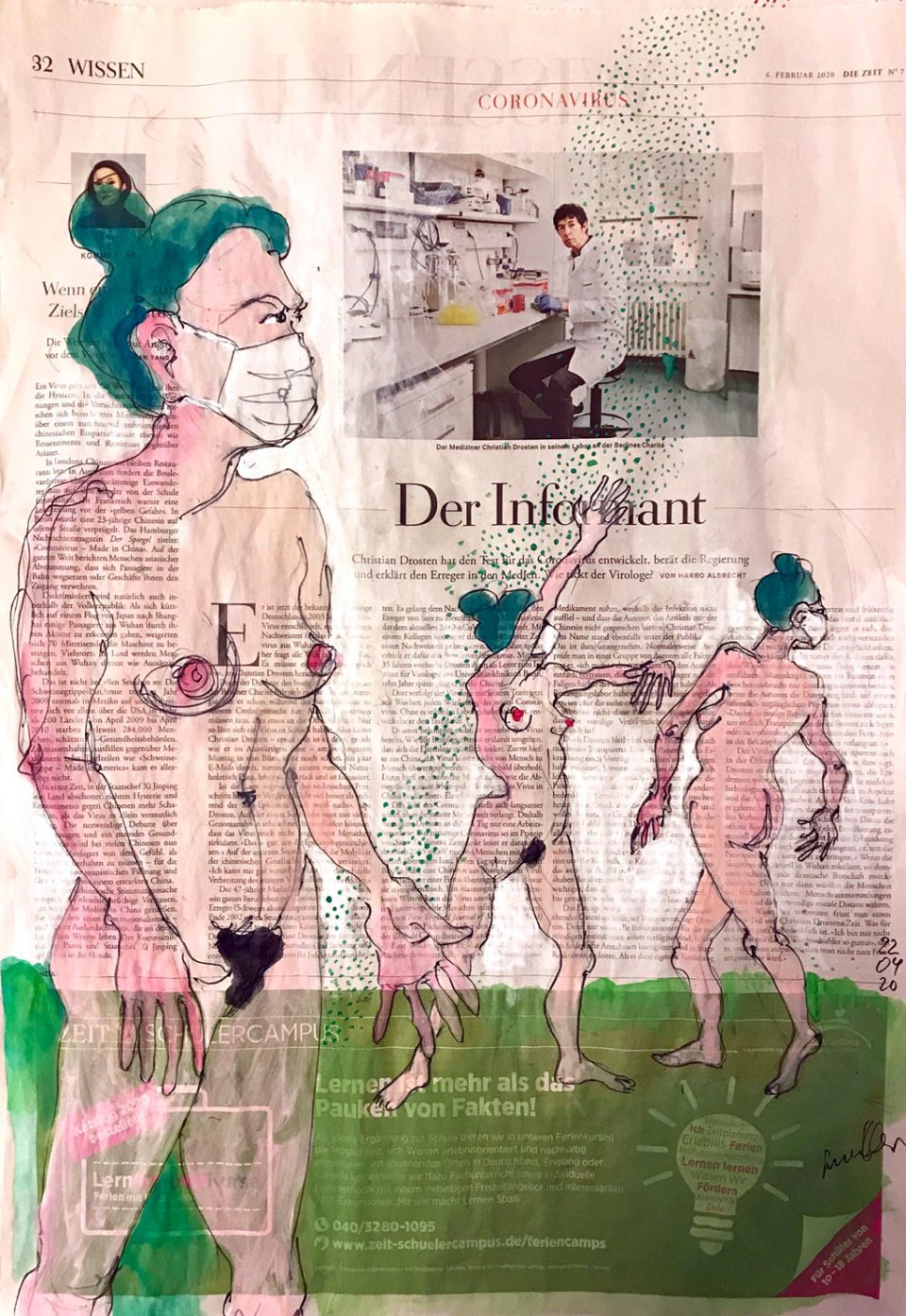 Der Informant – figürliche Zeichnung auf ganzer Zeitungsseite 40 x 56 cm
