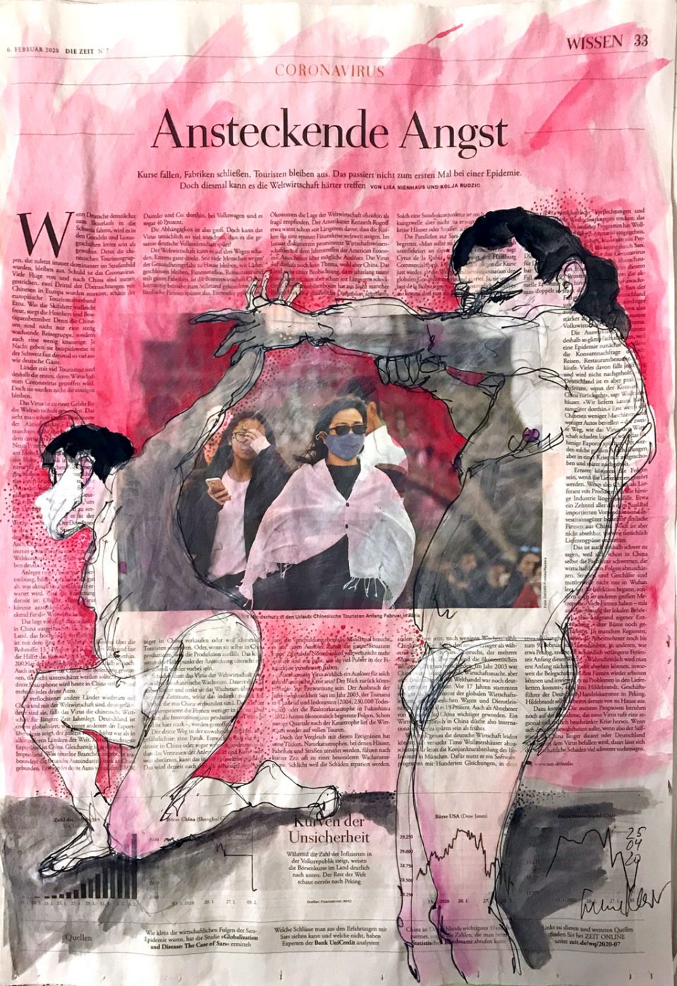 Ansteckende Angst – Figürliche Zeichnung auf ganzer Zeitungsseite, 40 x 56 cm