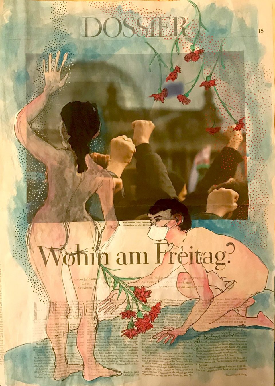 Wohin am Freitag – Figüerliche Zeichnung mit weiblichem und männlichem Akt und Nelken auf Artikel über FFF-Demonstration.