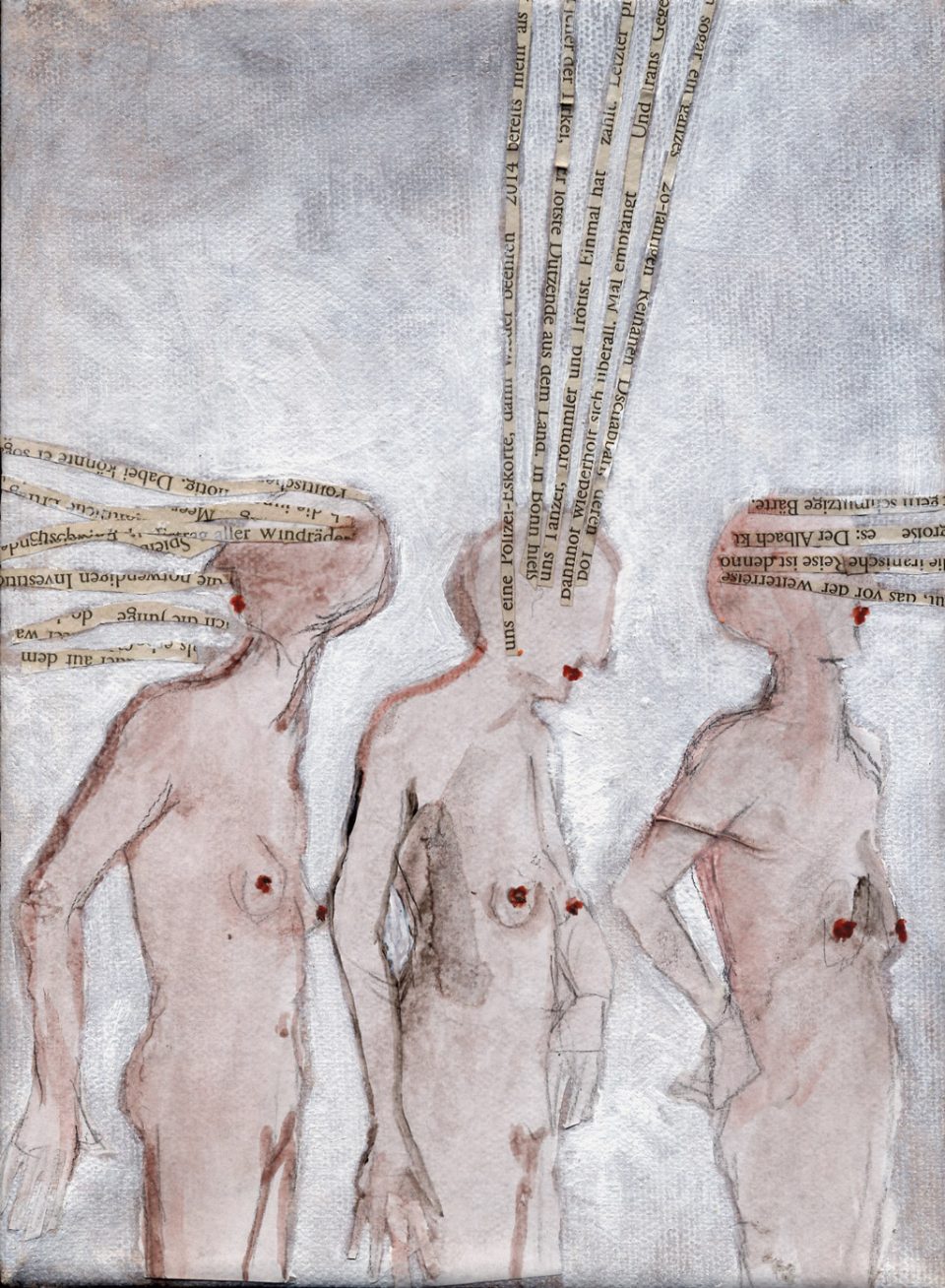 Das Bild zeigt drei hintereinandergereiht eindeutig weibliche Figuren im Profil mit Haaren aus Zeitungzeilen-Streifen.
