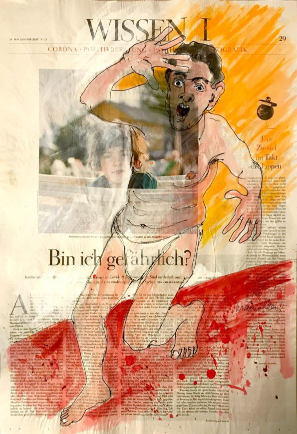Bin ich gefährlich? – Figürliche Illustration auf ganzer Zeitungsseite zu aktuellem Inhalt.