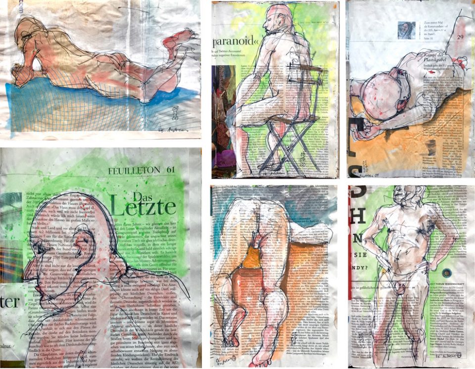 Sechs figürliche Skizzen, männlicher Akt, im aus Zeitung gebundenen Skizzenbuch.