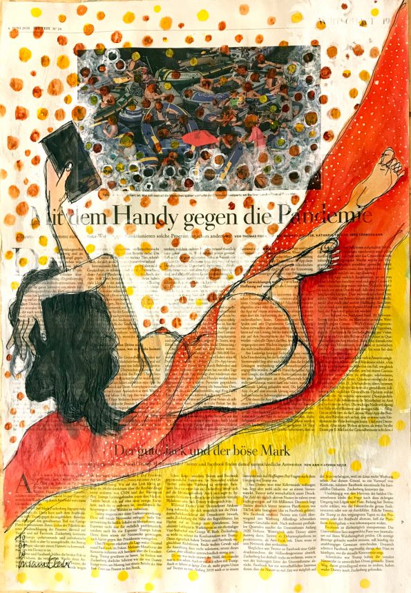 Mit dem Handy gegen die Pandemiedemie – Figürliche Illustration auf ganzer Zeitungsseite.