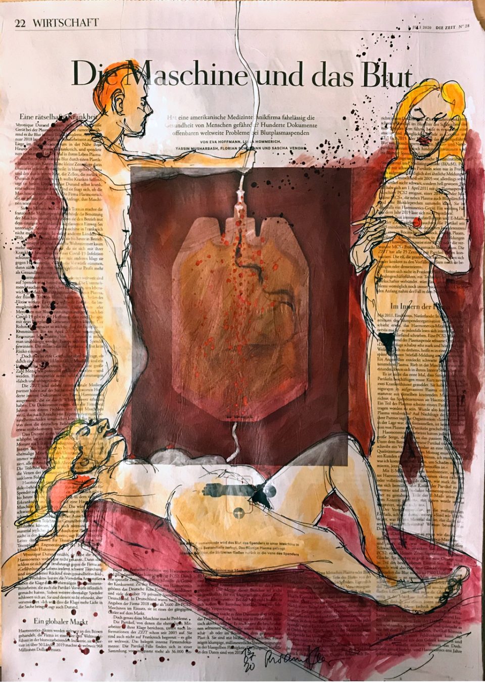 Die Maschine und das Blut – Figürliche Illustration auf ganzer Zeitungsseite.