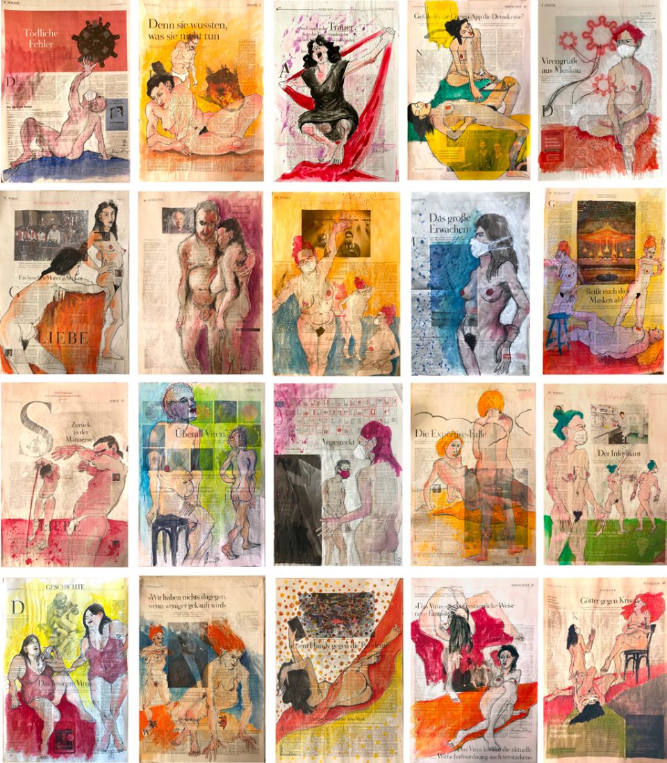 Corona Illustrationen – 20 Bilder, die für die Ausstellung in der Hamburger Kunstgalerie gerahmt wurden.