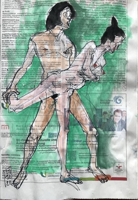 Doppelakt auf Zeitung, 20 x 28 cm, Mann hält die auf einem Bein stehende Frau in graziler Pose.