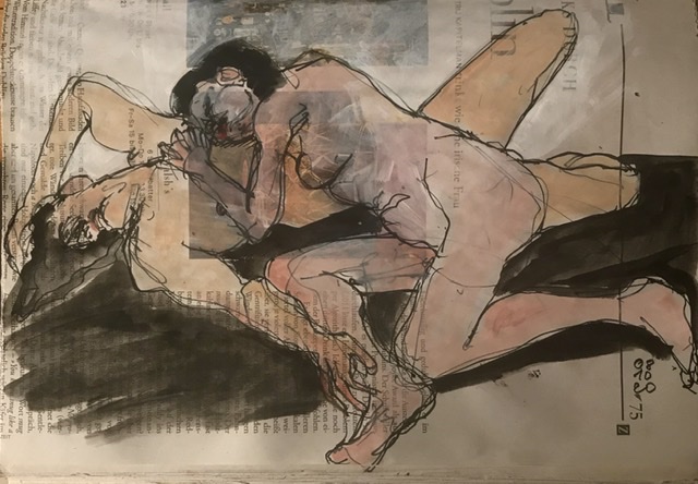 Irische Frau – Zeichnung aus dem aus Zeitung gebundenen Skizzenbuch, Paar liegend, Frau lehnt gemütlich auf der Brust des Mannes.