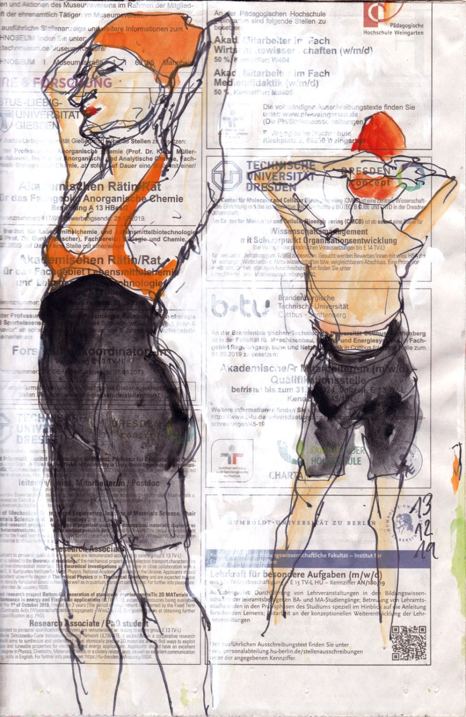 Besondere Aufgaben – Figürliche Zeichnung auf Zeitungspapier, 20 x 28 cm, weibliche Figur 