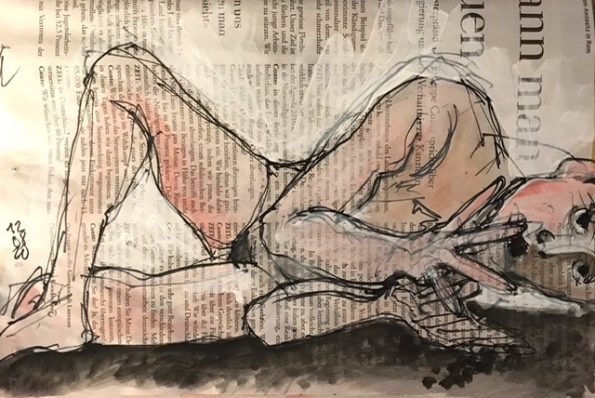 Safire, liegend, Akt, 28 x 20 cm auf Zeitung.