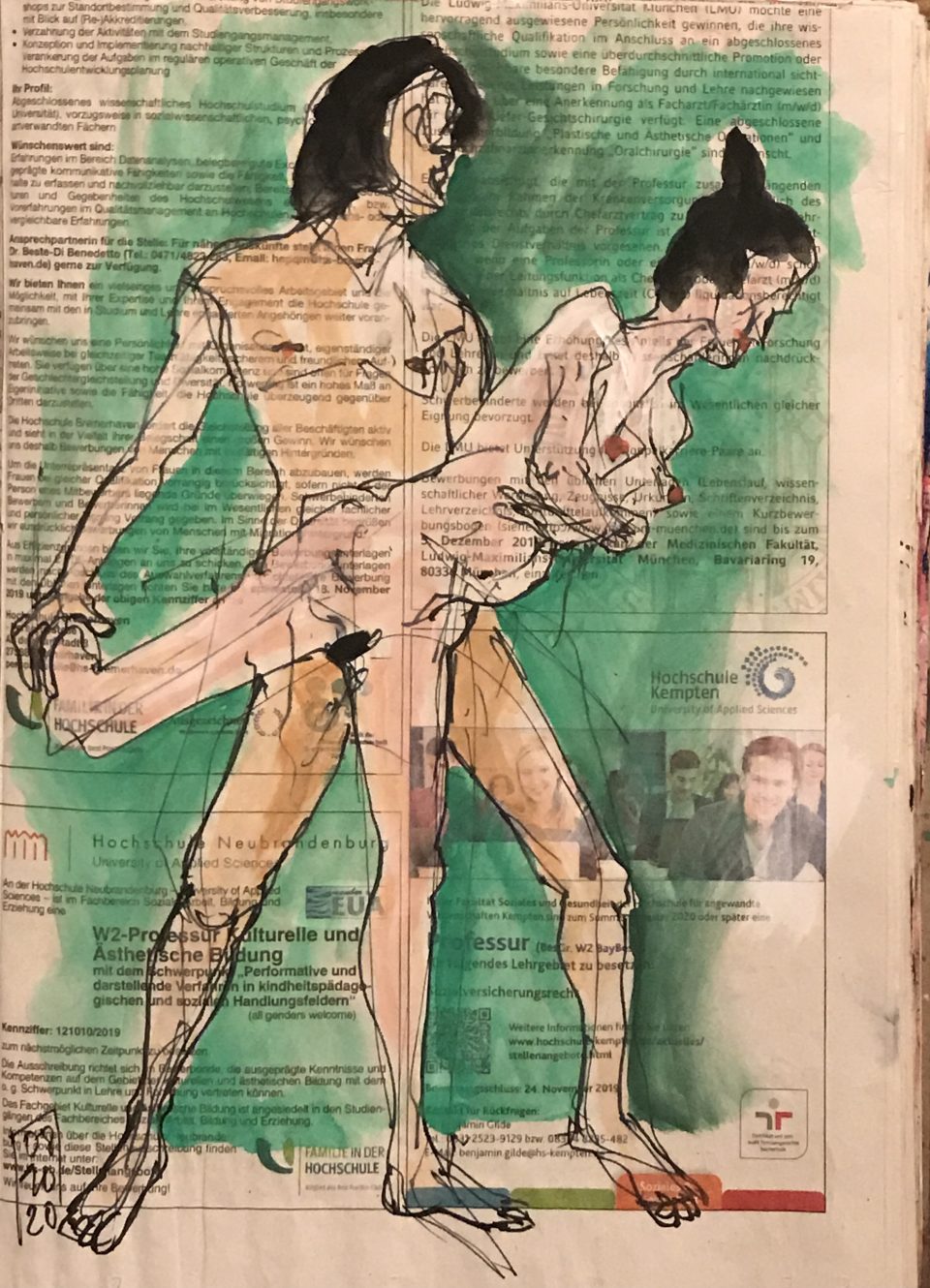 Andrew and Safire – Figürlicher Doppelakt auf Zeitung, 20 x 28 cm.