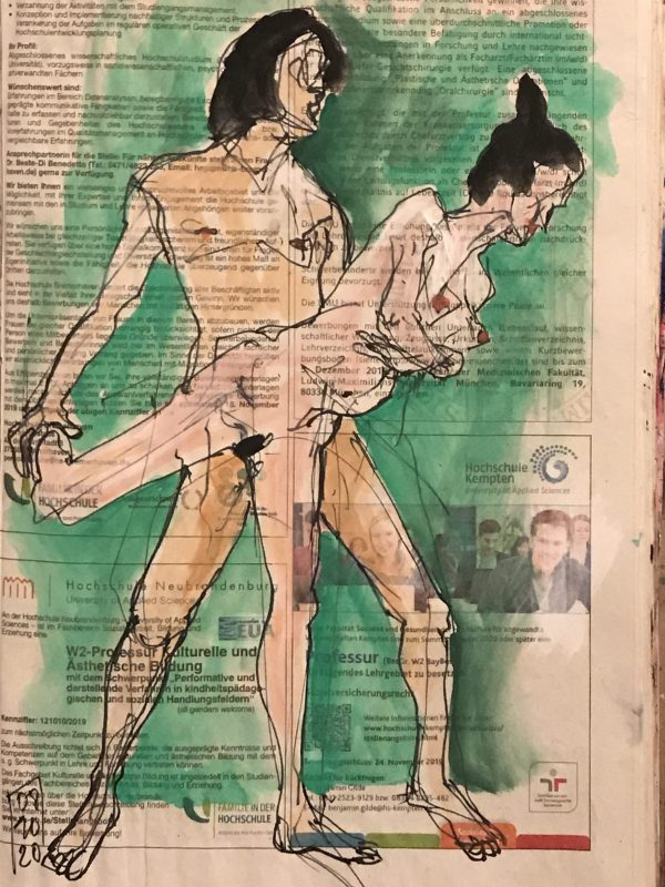 Andrew and Safire – Figürlicher Doppelakt auf Zeitung, 20 x 28 cm.