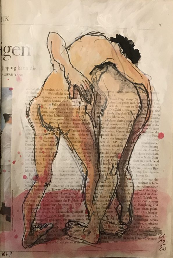 Doppelakt, Mann Frau, ringend, Tusche und Aquarell auf Zeitung, 20 x 28 cm