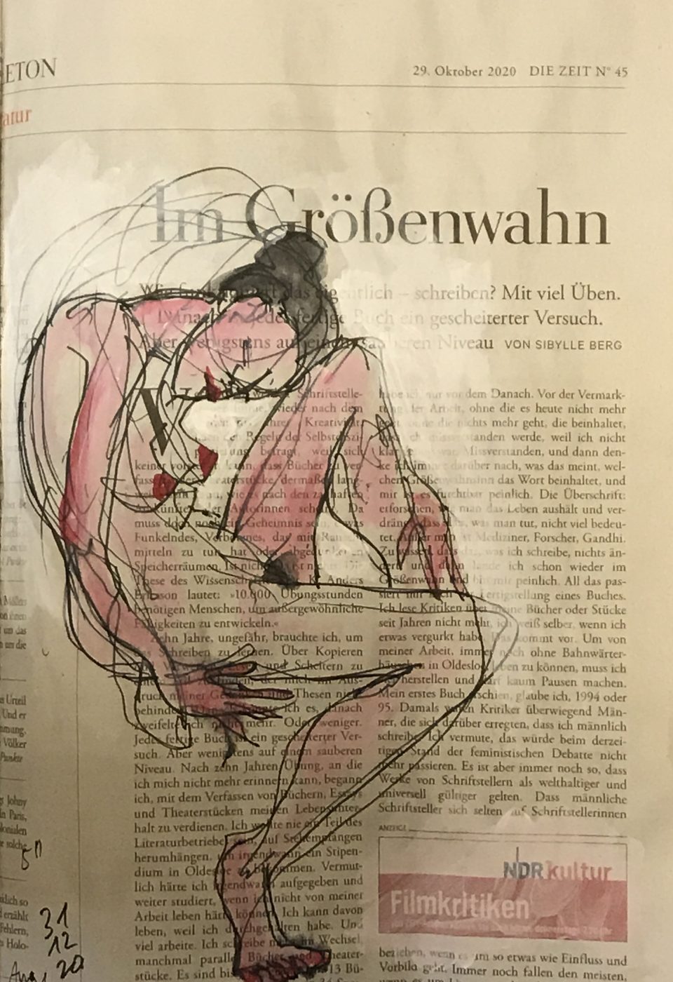 Weiblicher Akt auf Stuhl, ein Bein hochgestellt, Tusche und Aquarell auf Zeitung, 20 x 28 cm
