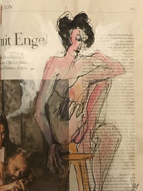 Weiblicher Akt auf Stuhl, Tusche und Aquarell auf Zeitung, 20 x 28 cm
