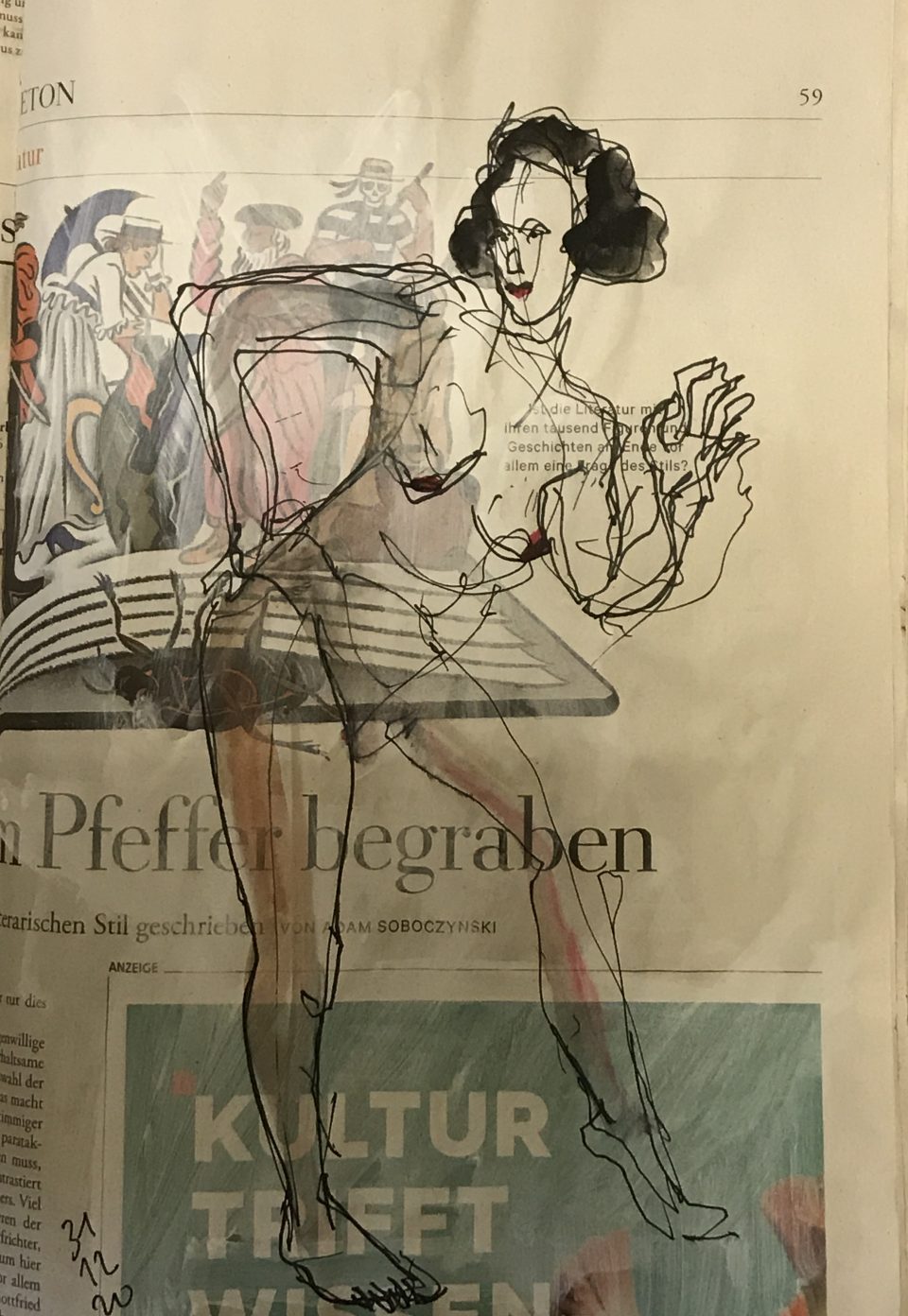 Weiblicher Akt, stehend, Tusche und Aquarell auf Zeitung, 20 x 28 cm