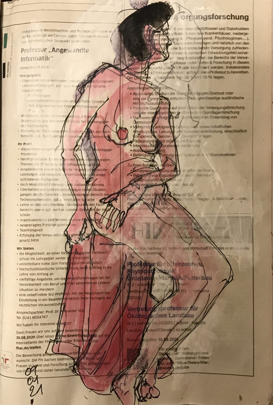 Weiblicher Akt auf Hocker, Tusche und Aquarell auf Zeitung, 20 x 28 cm