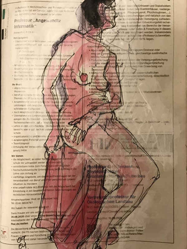Weiblicher Akt auf Hocker, Tusche und Aquarell auf Zeitung, 20 x 28 cm